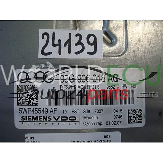 Motorsteuergerät ECU Steuergerät AUDI A4 2.0 TDI SIEMENS VDO 5WP45549 AF, 5WP45549AF, 03G 906 018 AQ, 03G906018AQ, SIMOS PPD1.3